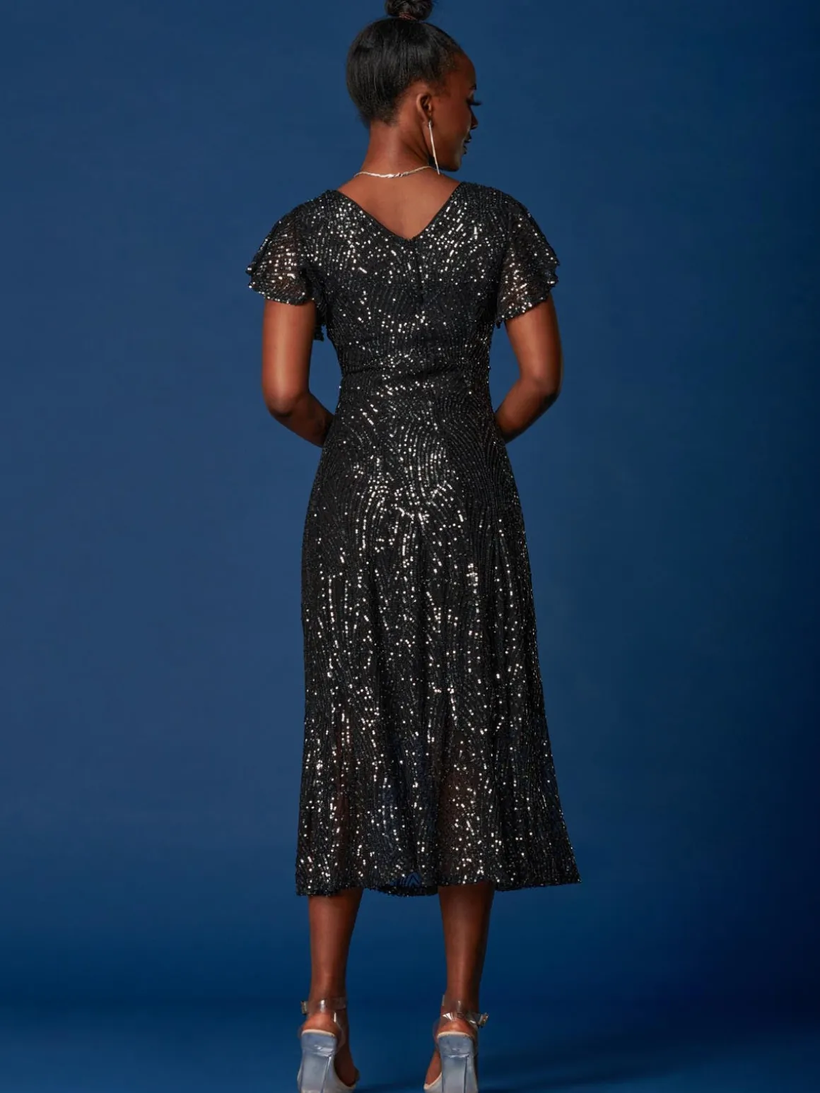 Sequin Fit & Flare Maxi Dress, Black