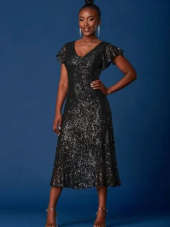 Sequin Fit & Flare Maxi Dress, Black