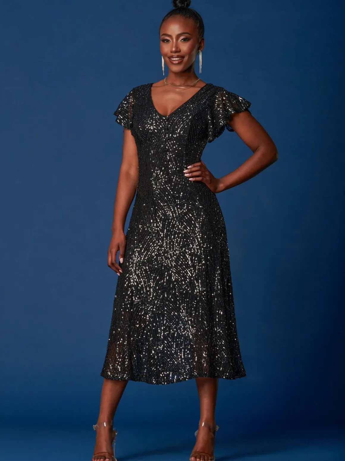 Sequin Fit & Flare Maxi Dress, Black