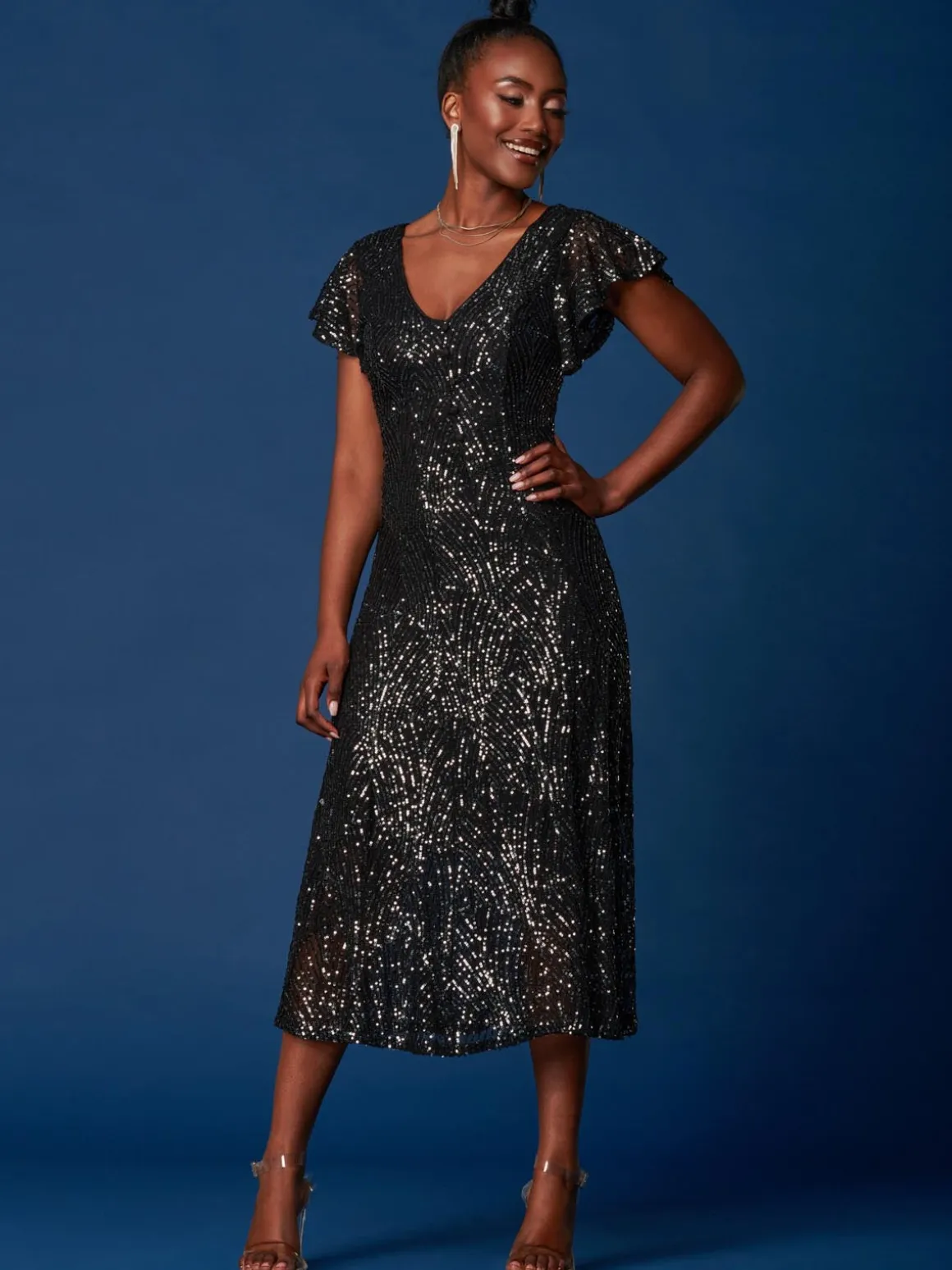 Sequin Fit & Flare Maxi Dress, Black