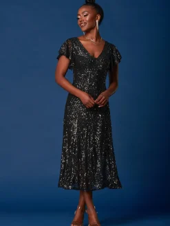 Sequin Fit & Flare Maxi Dress, Black