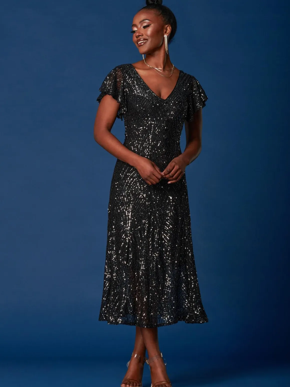 Sequin Fit & Flare Maxi Dress, Black