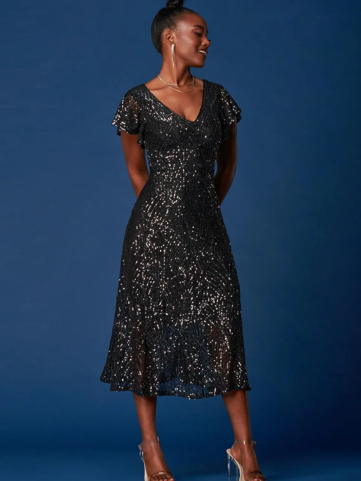 Sequin Fit & Flare Maxi Dress, Black