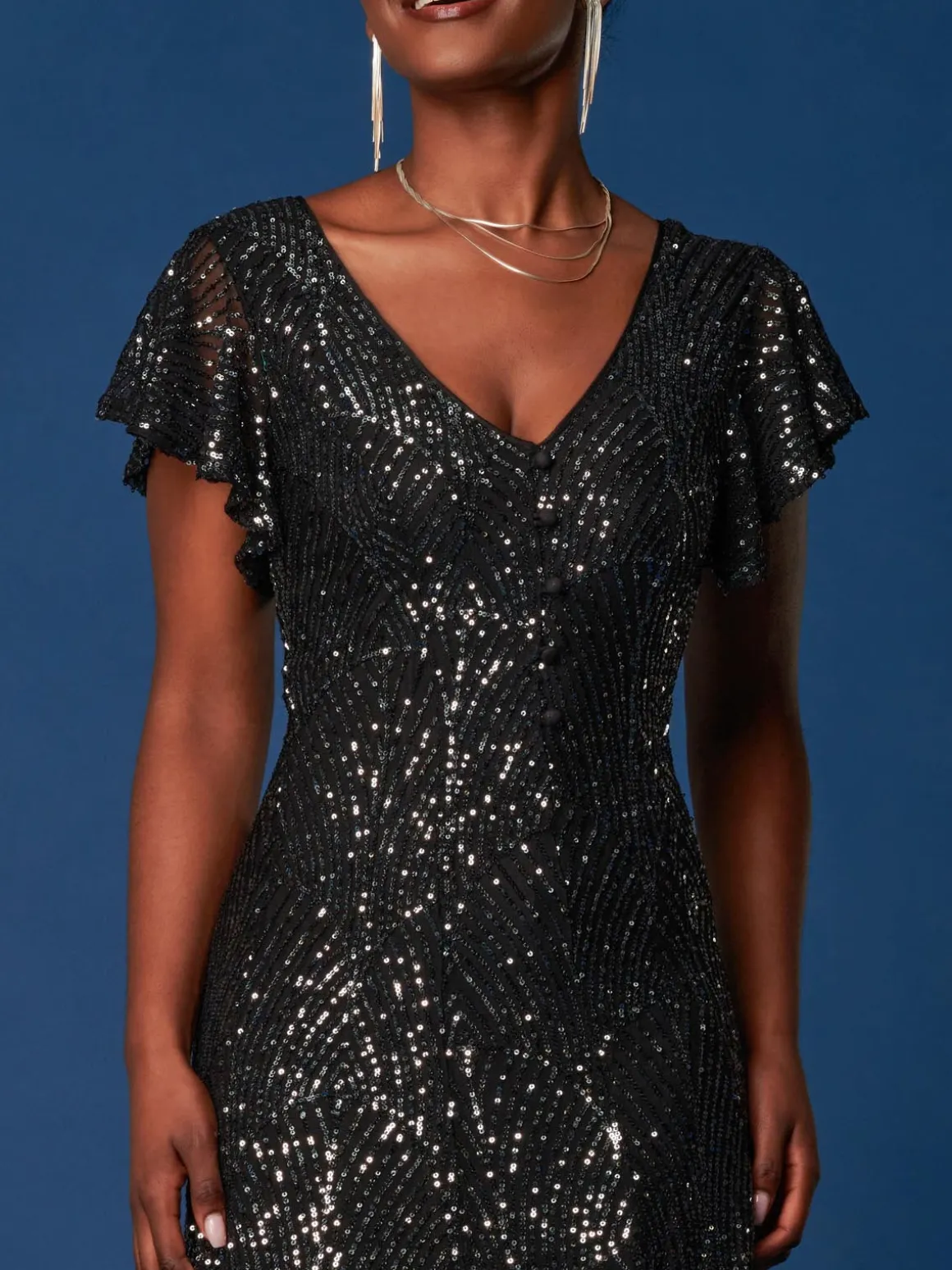 Sequin Fit & Flare Maxi Dress, Black