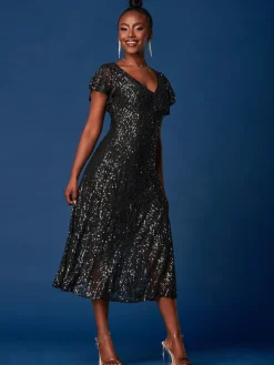 Sequin Fit & Flare Maxi Dress, Black