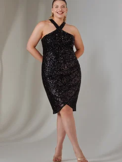 Sequin Halter Neck Wrap Dress, Navy Multi