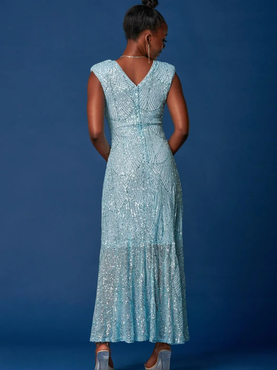 Sequin High Low Hem Maxi Dress, Light Blue
