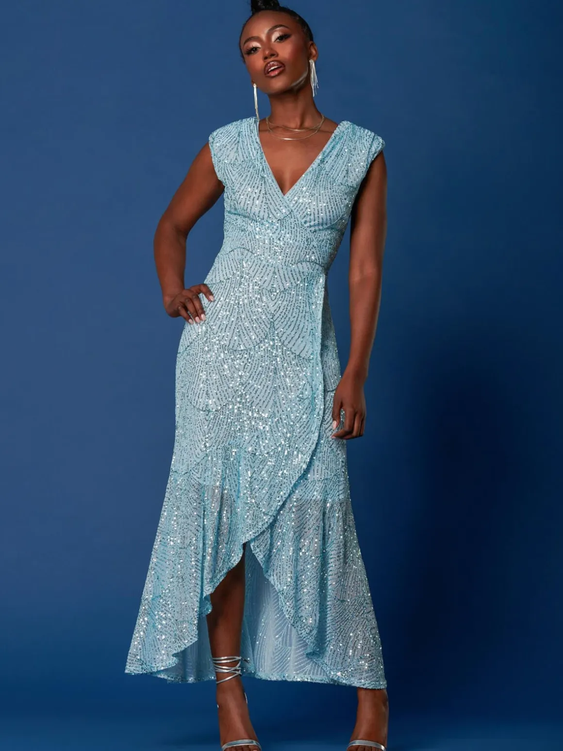 Sequin High Low Hem Maxi Dress, Light Blue