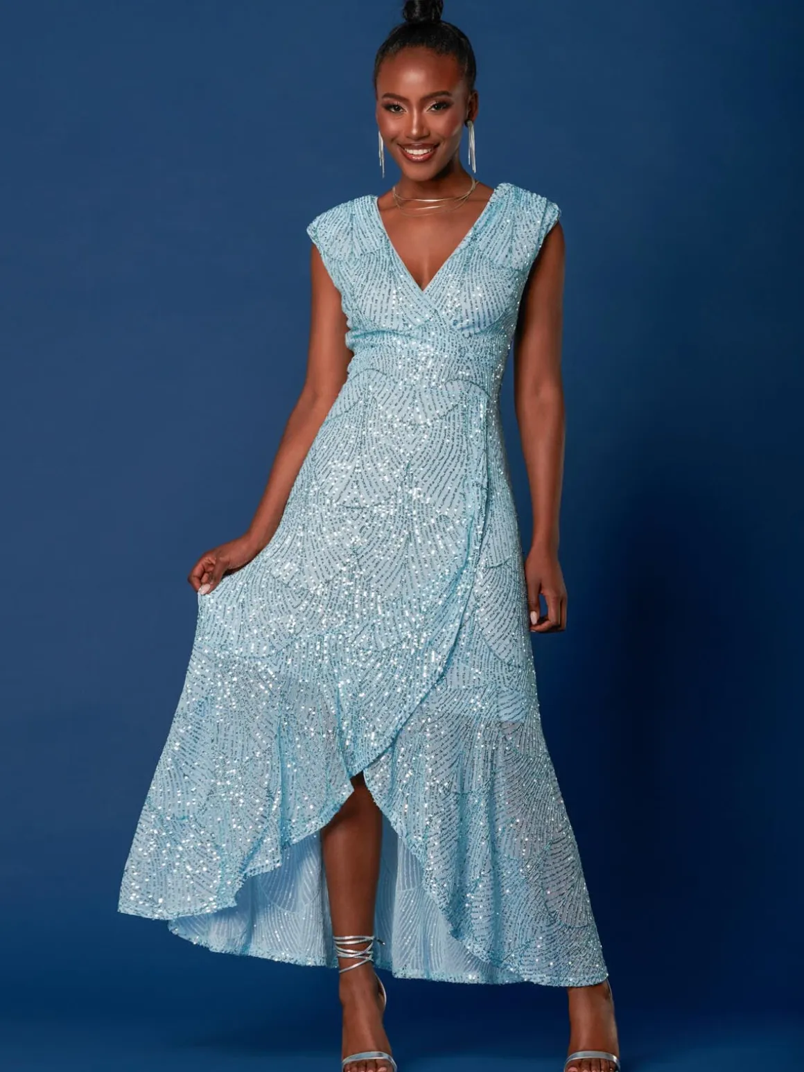 Sequin High Low Hem Maxi Dress, Light Blue