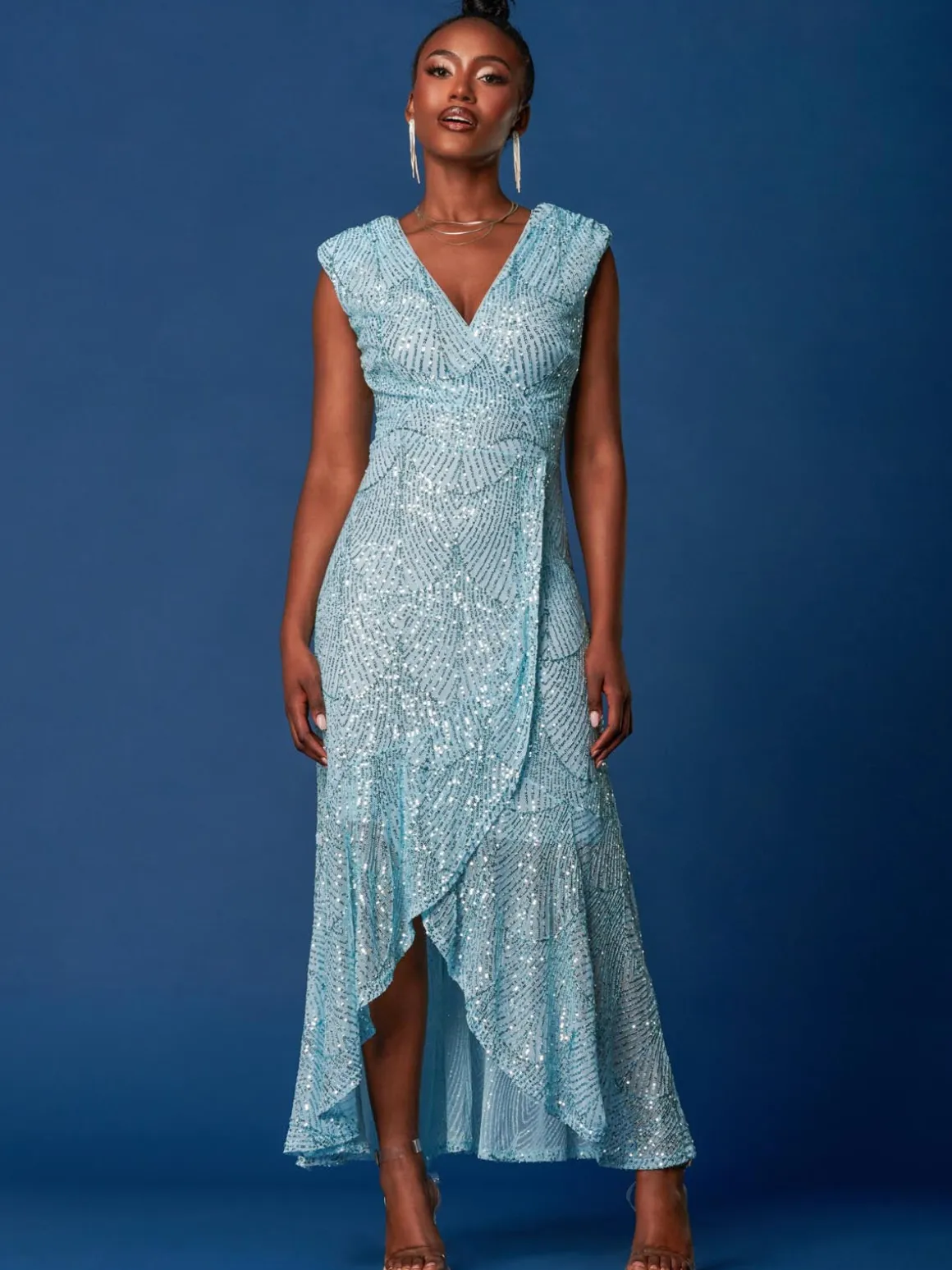 Sequin High Low Hem Maxi Dress, Light Blue