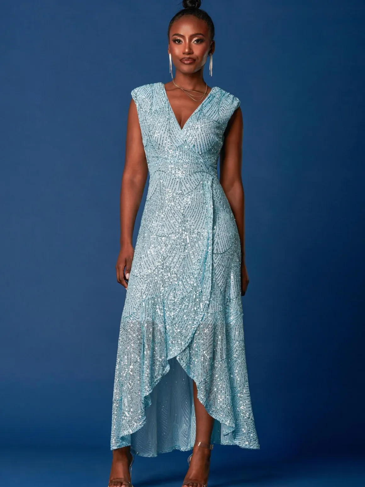 Sequin High Low Hem Maxi Dress, Light Blue