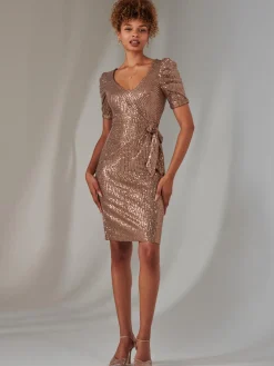 Sequin Ruched Detail Pencil Dress, Bronze