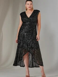 Sequin Ruffle Hem Maxi Dress, Black- Silver