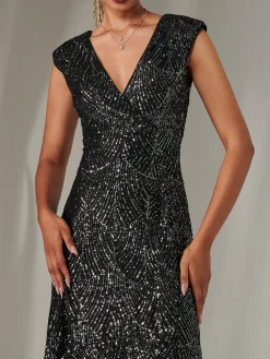 Sequin Ruffle Hem Maxi Dress, Black- Silver