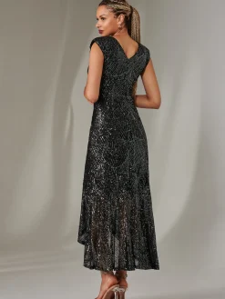 Sequin Ruffle Hem Maxi Dress, Black- Silver