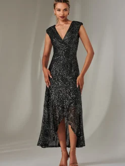 Sequin Ruffle Hem Maxi Dress, Black- Silver