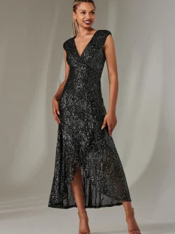 Sequin Ruffle Hem Maxi Dress, Black- Silver