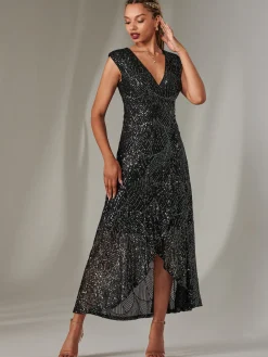 Sequin Ruffle Hem Maxi Dress, Black- Silver