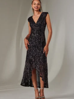 Sequin Ruffle Hem Maxi Dress, Navy Multi