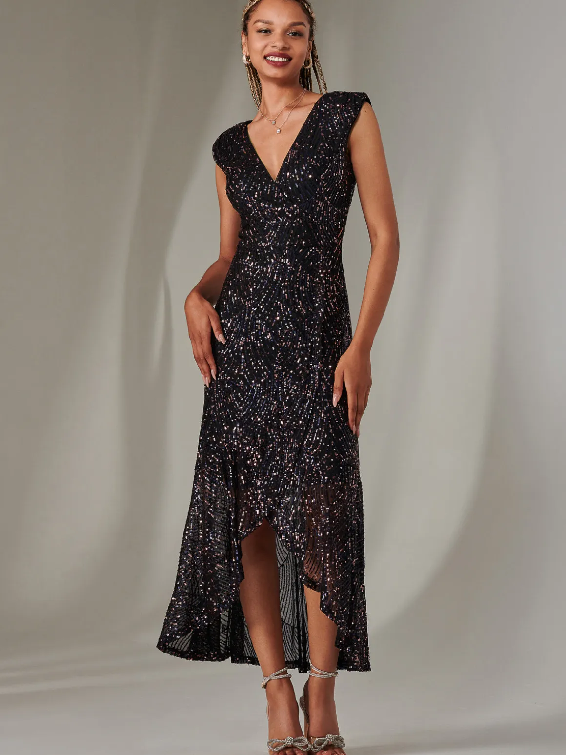 Sequin Ruffle Hem Maxi Dress, Navy Multi