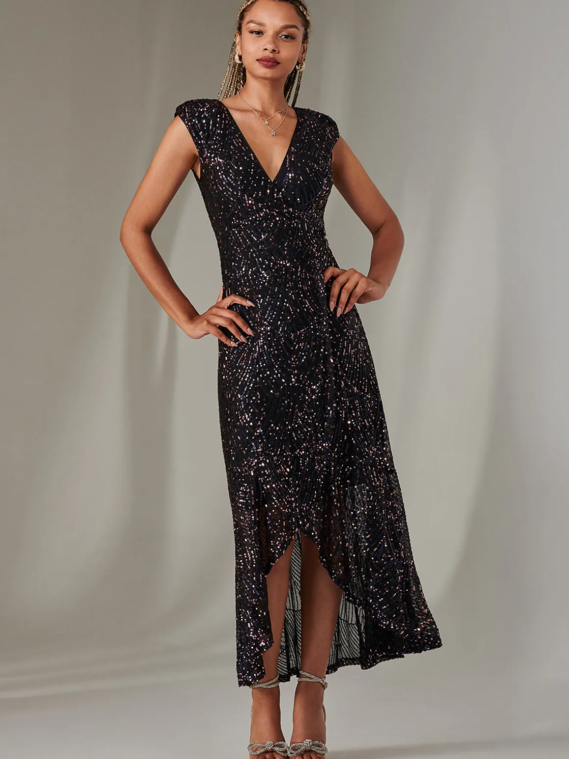 Sequin Ruffle Hem Maxi Dress, Navy Multi