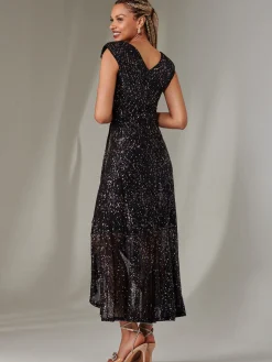 Sequin Ruffle Hem Maxi Dress, Navy Multi