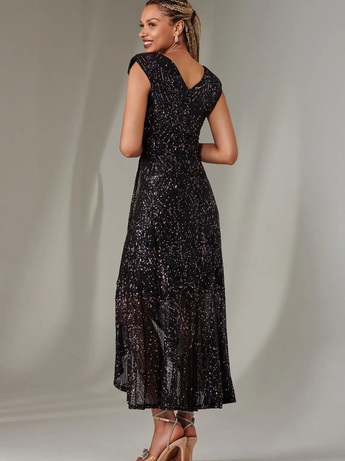 Sequin Ruffle Hem Maxi Dress, Navy Multi