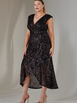Sequin Ruffle Hem Maxi Dress, Navy Multi