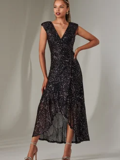 Sequin Ruffle Hem Maxi Dress, Navy Multi