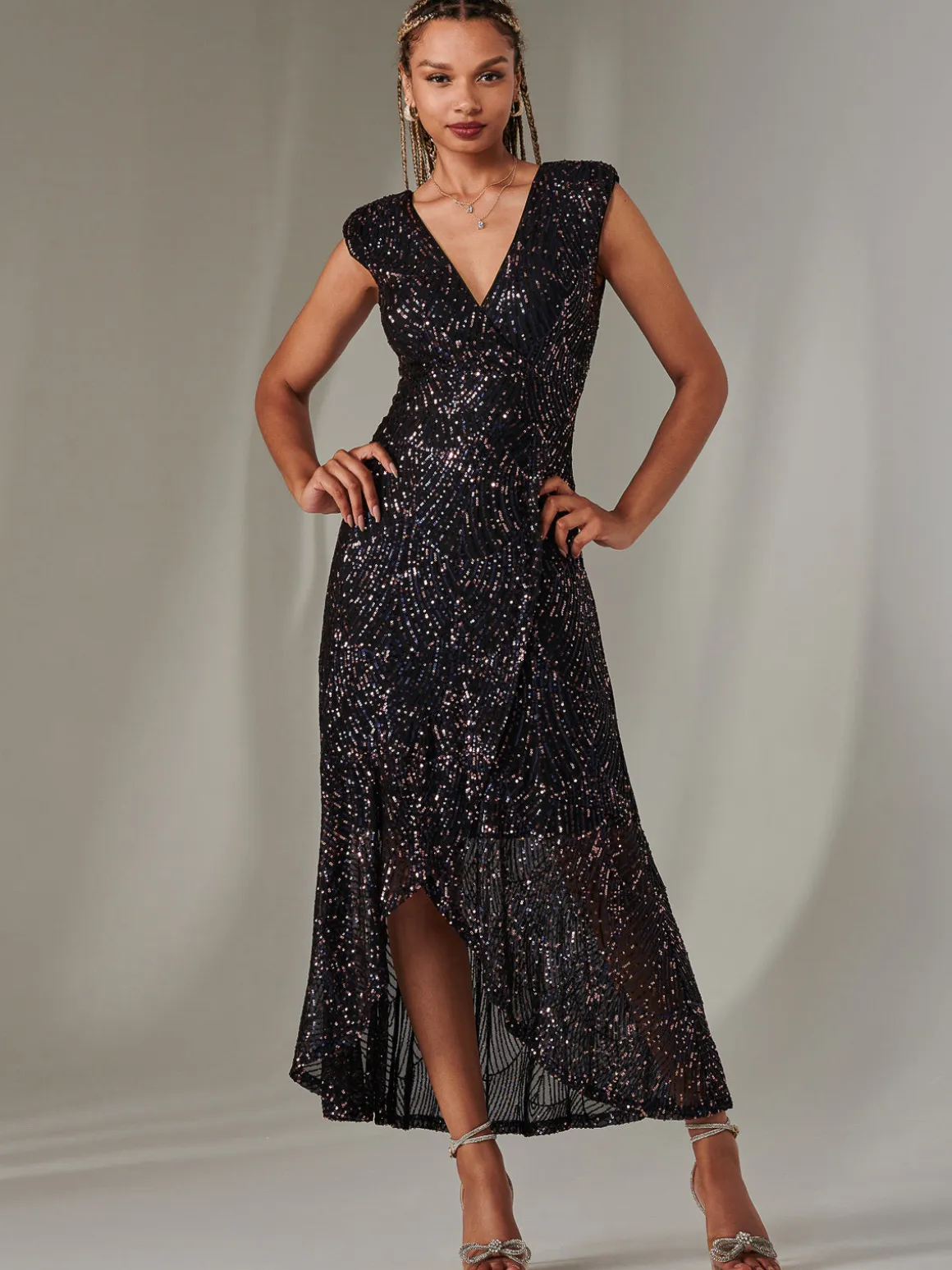 Sequin Ruffle Hem Maxi Dress, Navy Multi