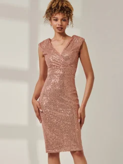 Sequin Sleeveless Hourglass Dress, Rose Gold