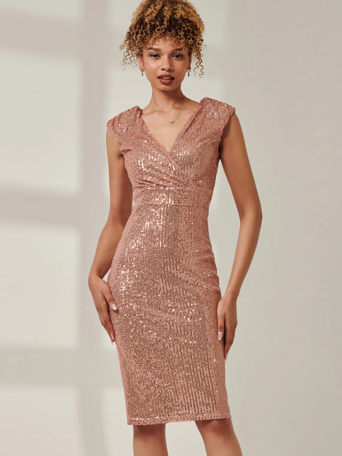 Sequin Sleeveless Hourglass Dress, Rose Gold