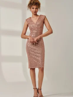 Sequin Sleeveless Hourglass Dress, Rose Gold