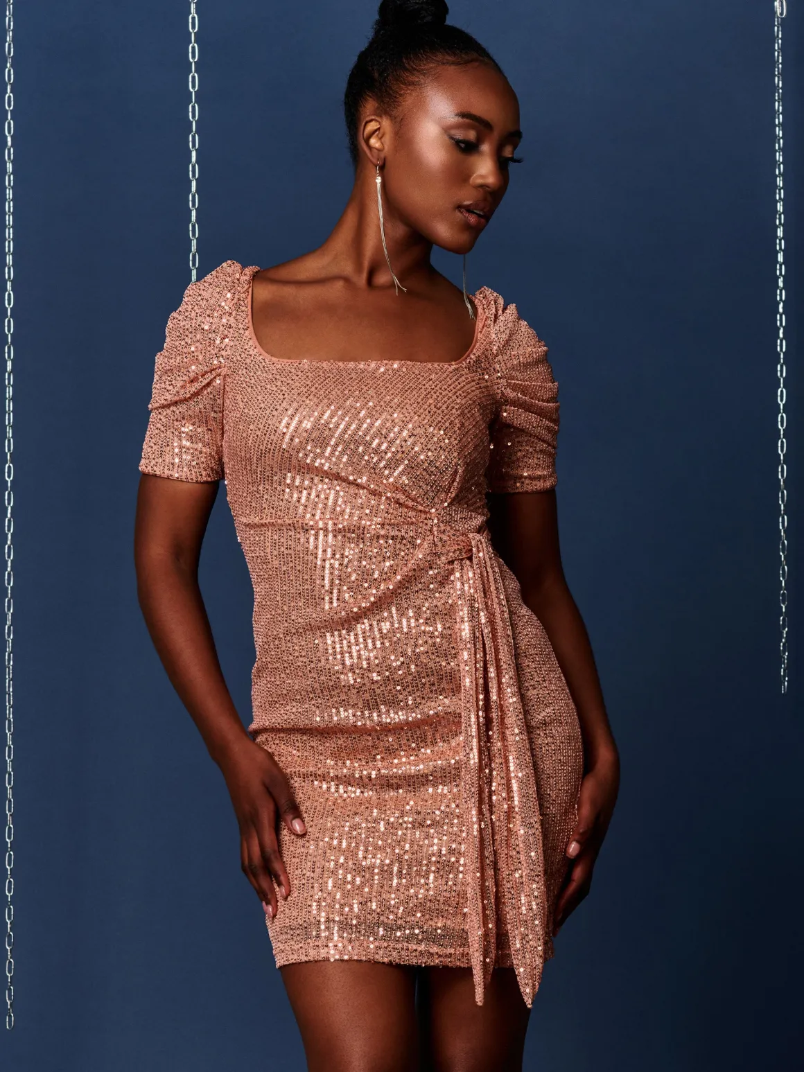 Sequin Square Neck Pencil Dress, Champagne