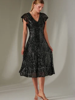 Sequin V Neck FIt & Flare Midaxi Dress, Black