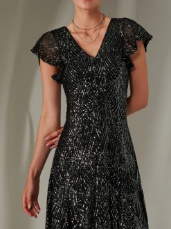 Sequin V Neck FIt & Flare Midaxi Dress, Black