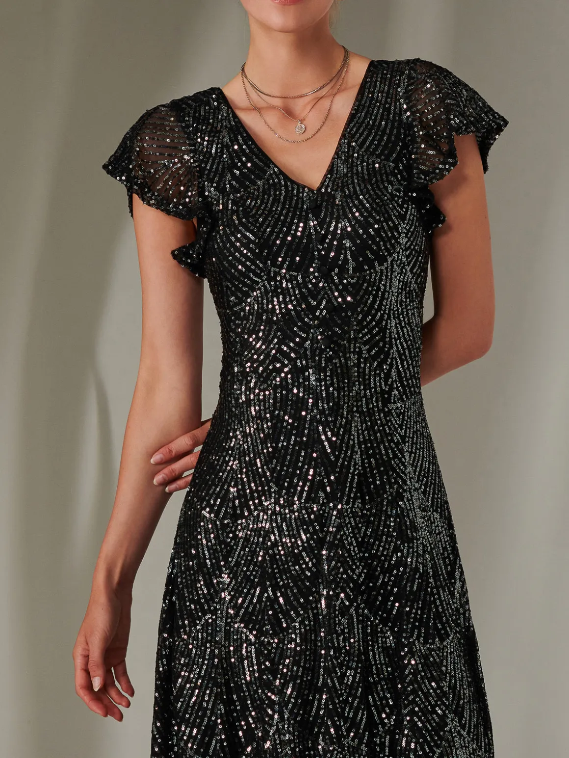 Sequin V Neck FIt & Flare Midaxi Dress, Black