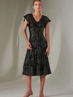 Sequin V Neck FIt & Flare Midaxi Dress, Black