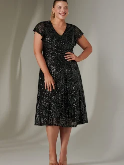 Sequin V Neck FIt & Flare Midaxi Dress, Black