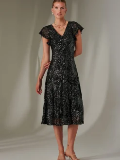 Sequin V Neck FIt & Flare Midaxi Dress, Black