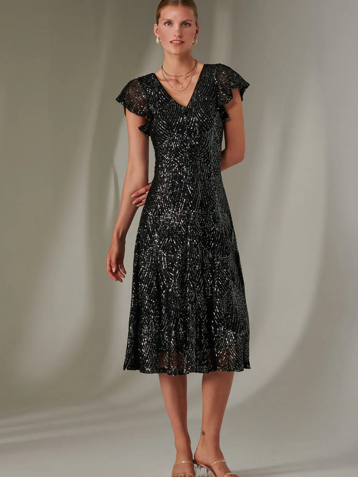 Sequin V Neck FIt & Flare Midaxi Dress, Black
