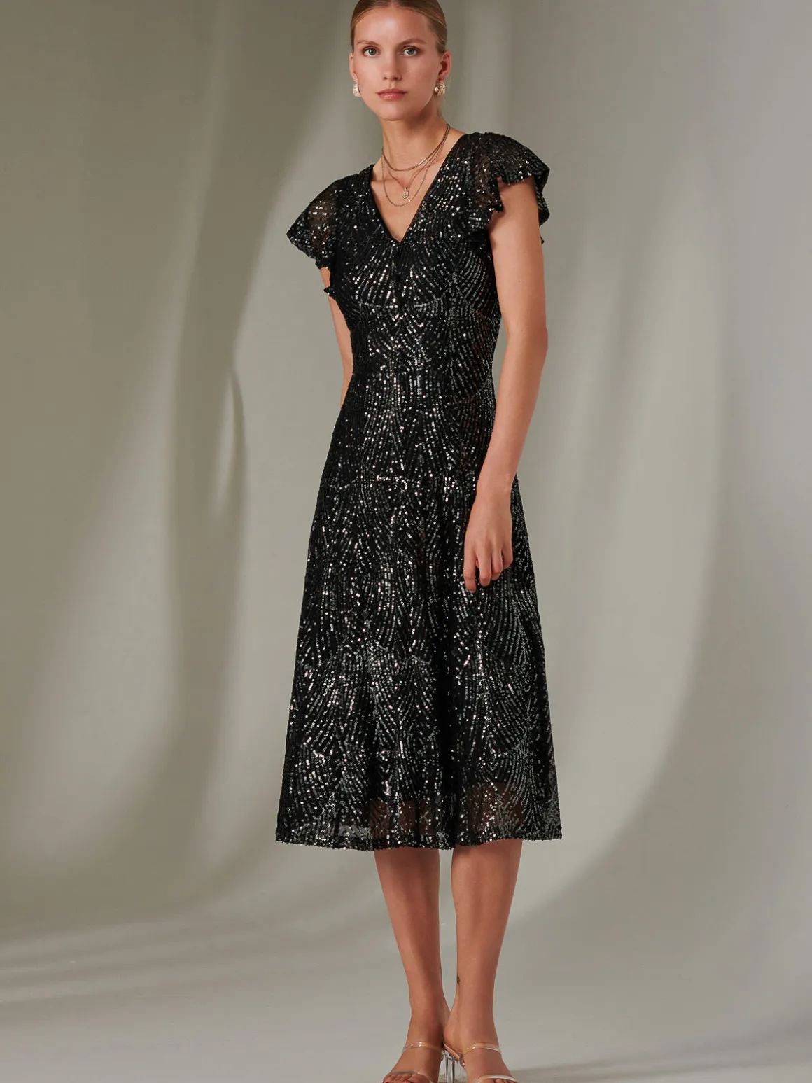 Sequin V Neck FIt & Flare Midaxi Dress, Black