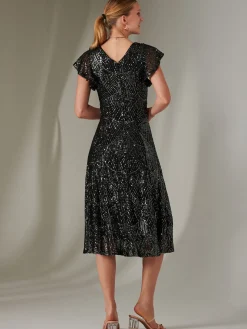 Sequin V Neck FIt & Flare Midaxi Dress, Black