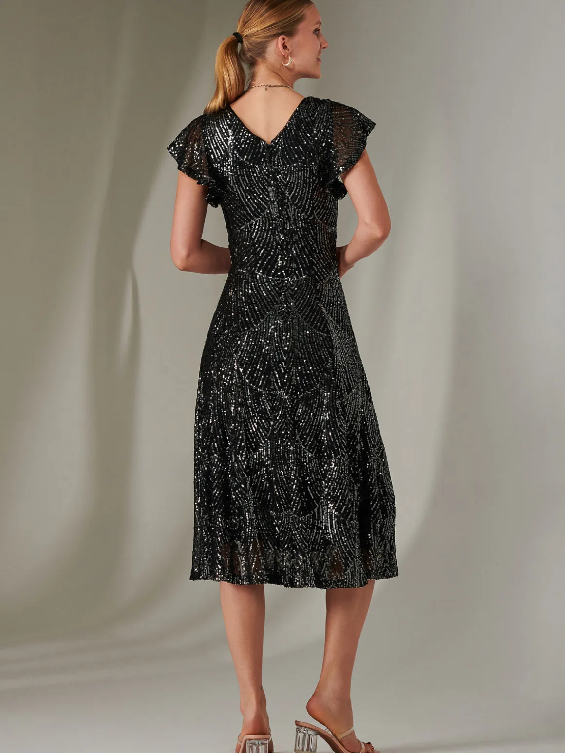 Sequin V Neck FIt & Flare Midaxi Dress, Black