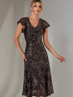 Sequin V Neck FIt & Flare Midaxi Dress, Black Rose Gold
