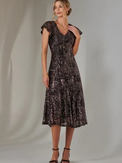 Sequin V Neck FIt & Flare Midaxi Dress, Black Rose Gold
