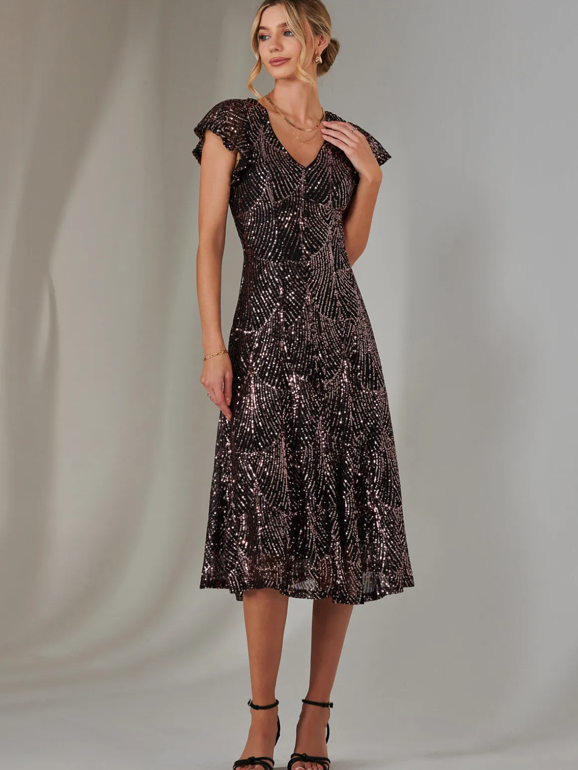 Sequin V Neck FIt & Flare Midaxi Dress, Black Rose Gold