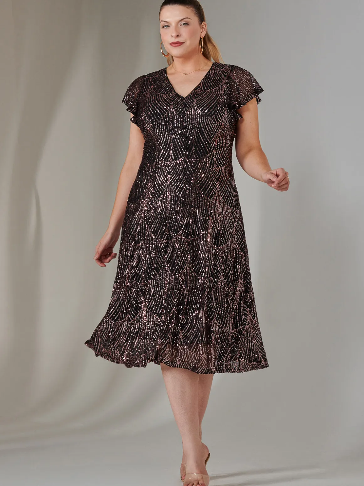 Sequin V Neck FIt & Flare Midaxi Dress, Black Rose Gold