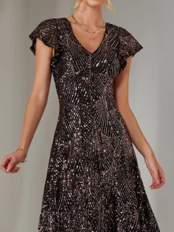 Sequin V Neck FIt & Flare Midaxi Dress, Black Rose Gold