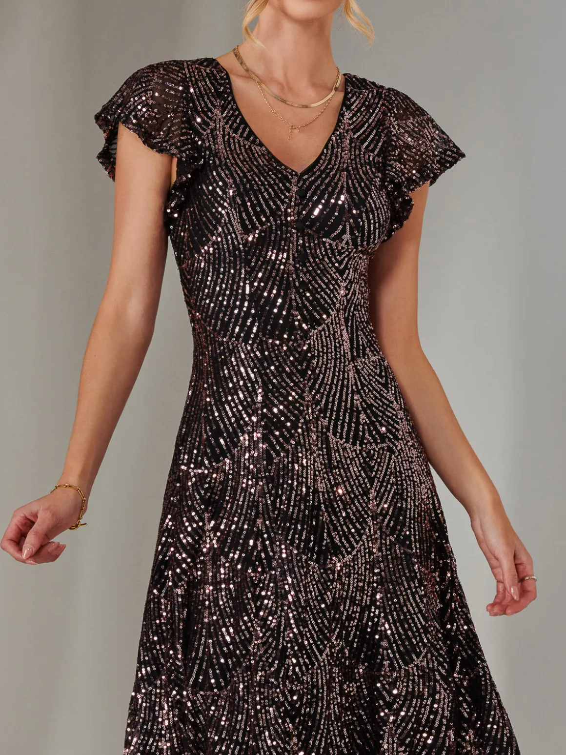 Sequin V Neck FIt & Flare Midaxi Dress, Black Rose Gold